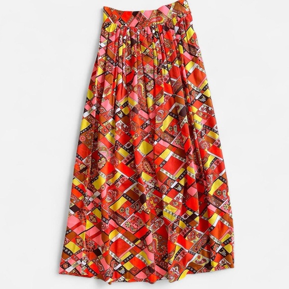 Vintage Dresses & Skirts - Vintage Retro 60s 70’s Polyester Paisley Orange Yellow Pink Brown A-Line Skirt
